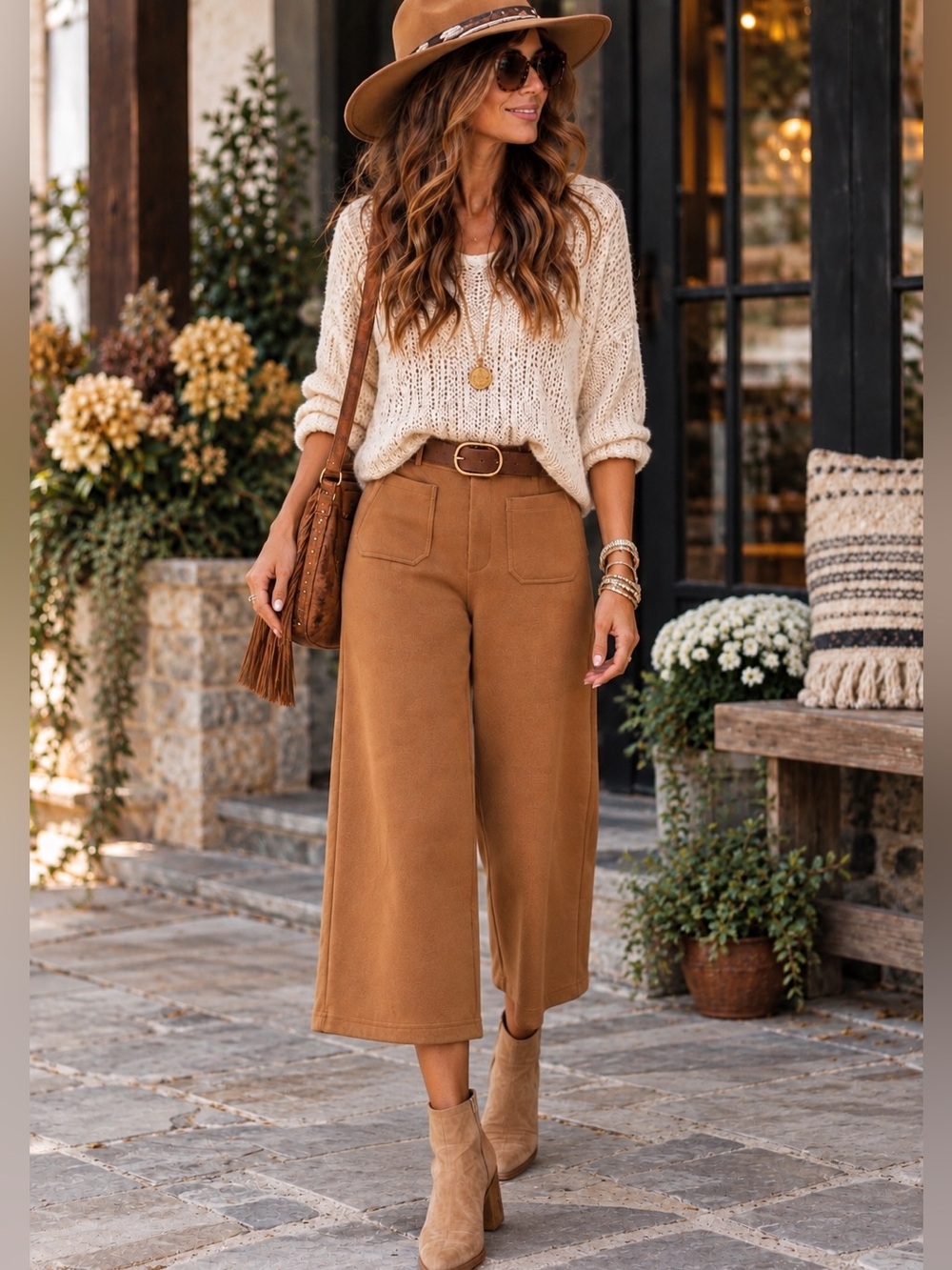 Harper Knit Cropped Wide Leg Pants XL Camel Brown Belted NWT